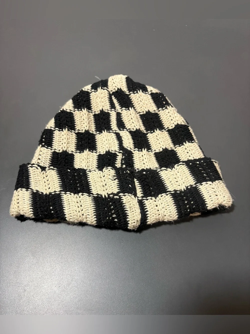 SUNDAYS Black & Cream Checkerboard Knit Beanie
